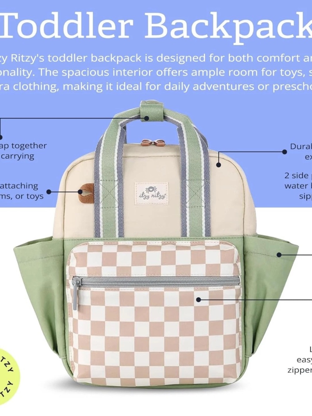Itzy Ritzy Green & Cream Checkered Mini Backpack - Picture 3 of 5